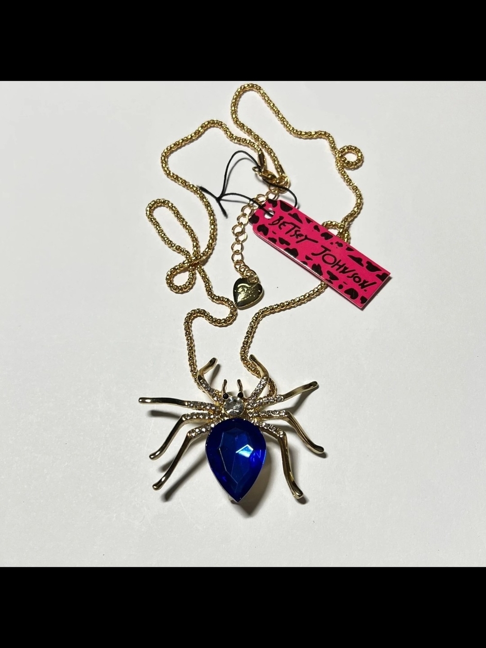 Betsey Johnson Gold Spider Necklace with Royal Blue Crystal, New With Tags